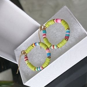Lime green multi colored round dangling earrings
